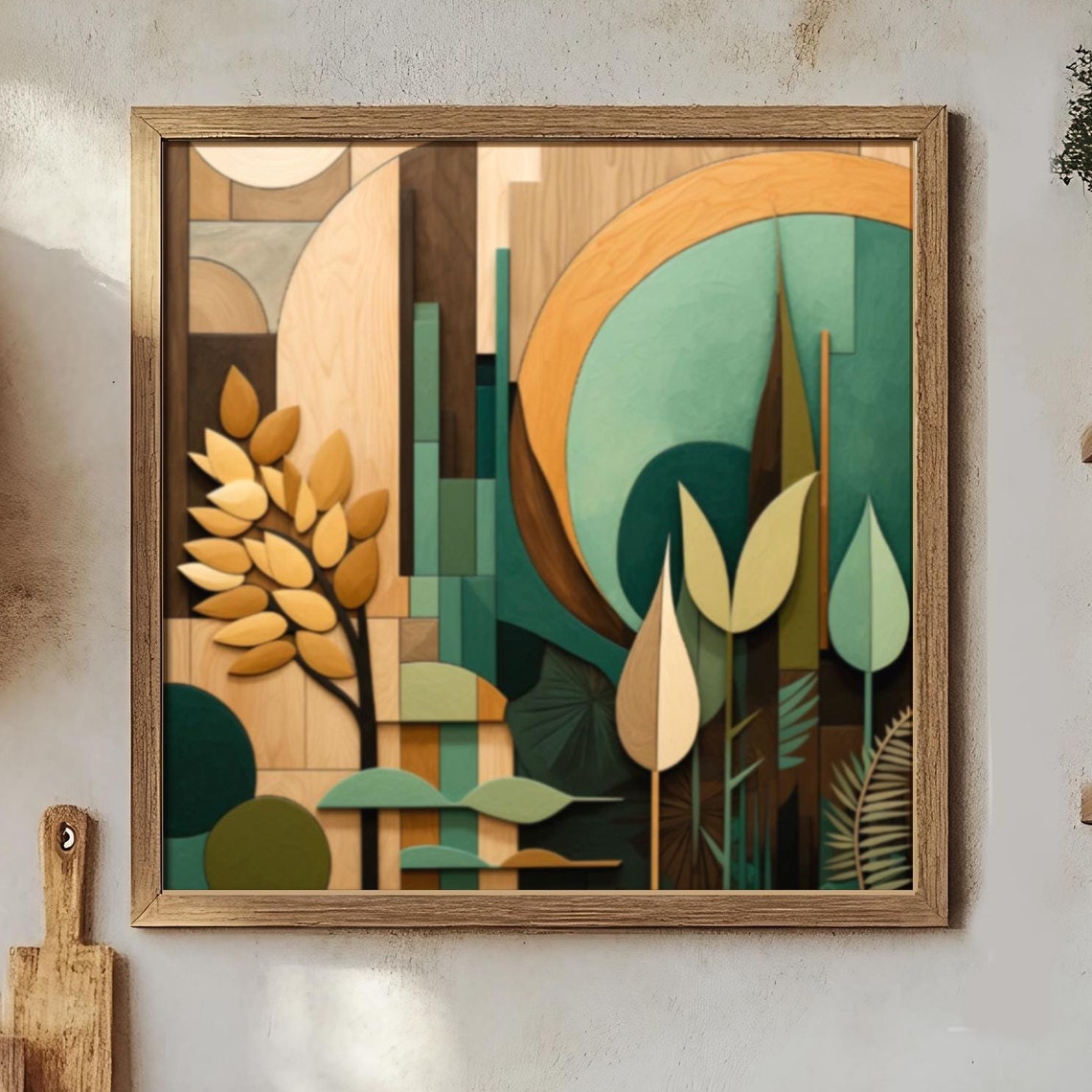 Geometric Botanical Arches Teal Green Gold Leaves Modern Art Poster