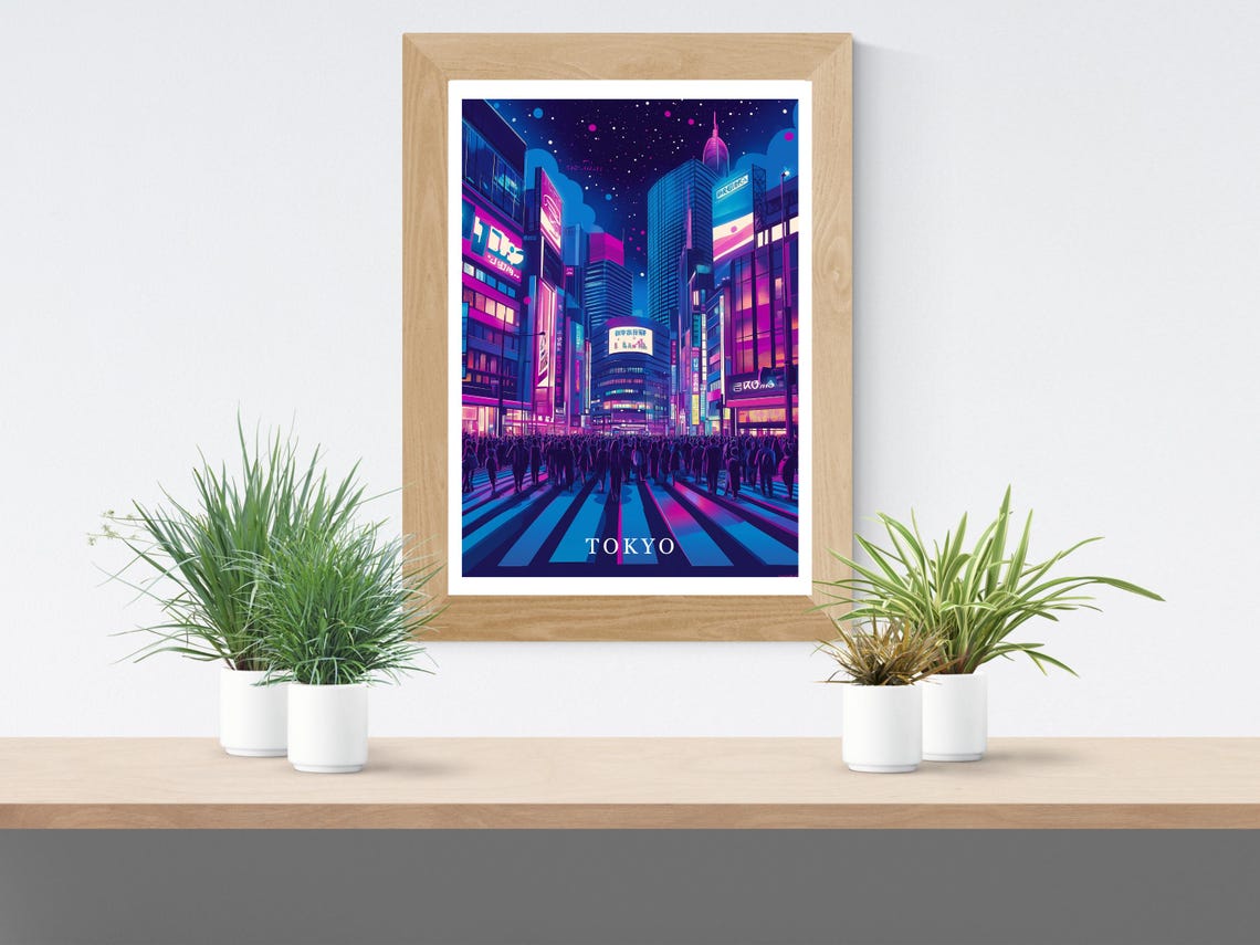 Tokyo Japan Neon Night Cityscape with Crowded Crossing Poster - Image 2