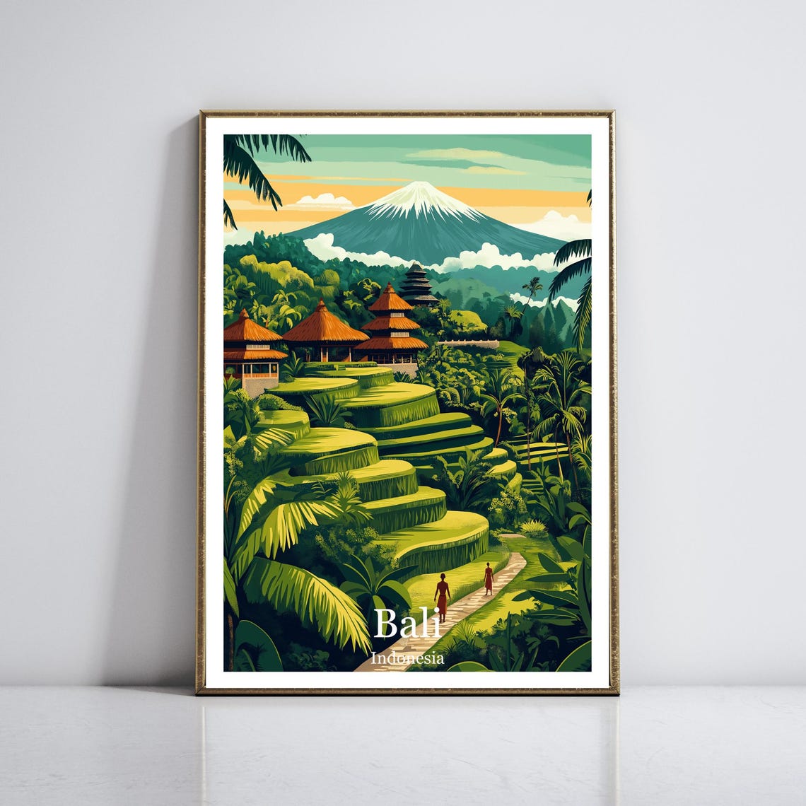 Bali Indonesia Lush Rice Terraces with Ancient Temples Poster