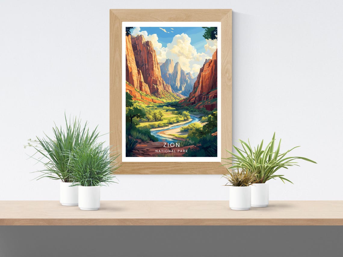 Zion Canyon Red Sandstone Cliffs River Valley National Park Poster - Image 2