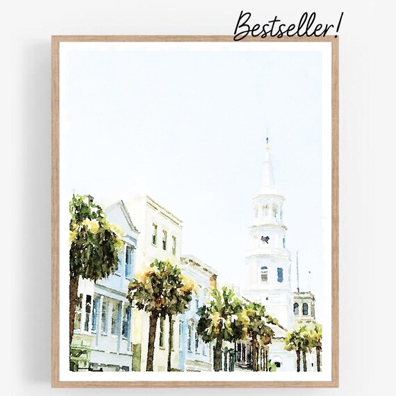 Charleston South Carolina Palm Street Steeple Watercolor Travel Wall Art