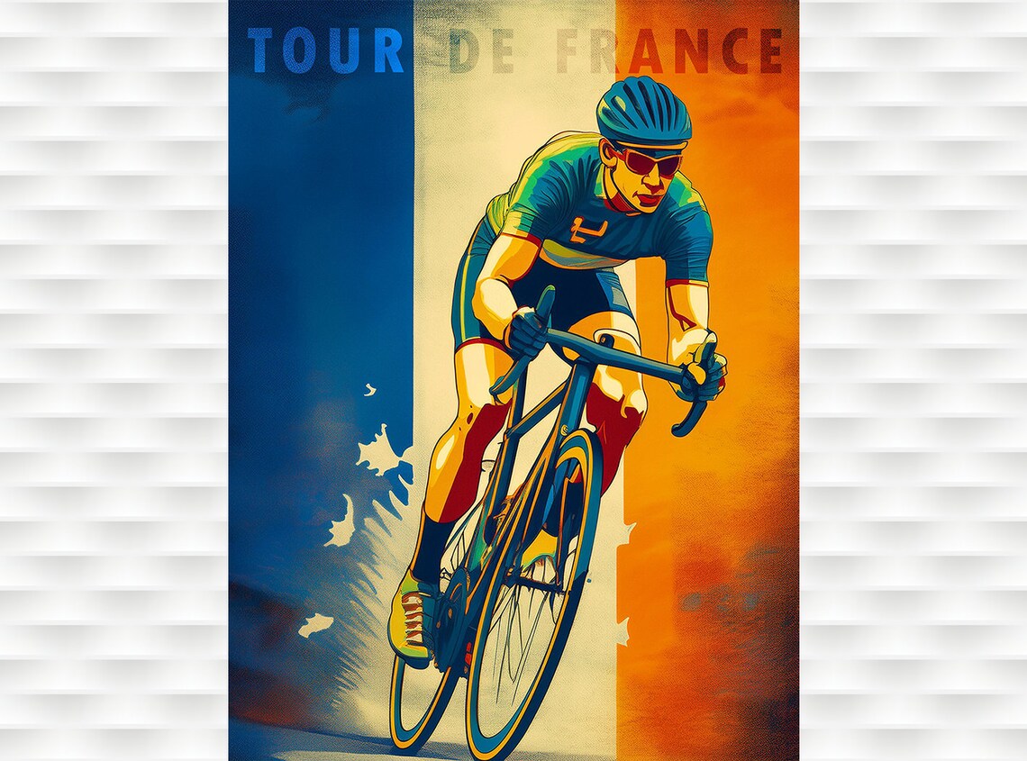 Tour de France Retro Cyclist French Flag Blue White Red Art Poster