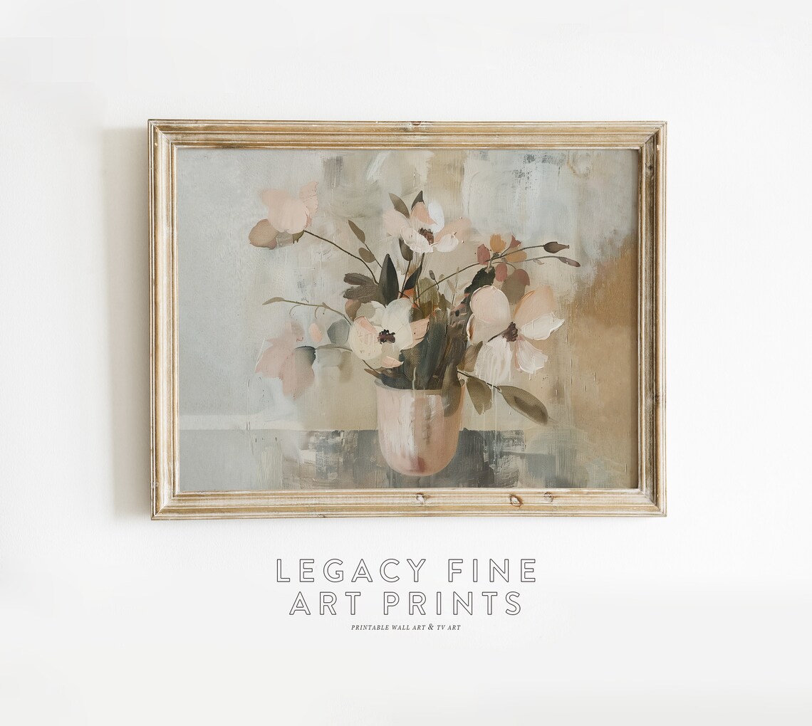 Soft Neutral Floral Still Life Oil Painting Botanical Cottage Wall Art - Image 2