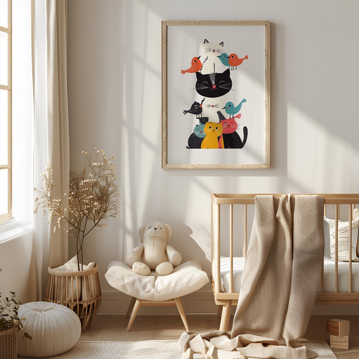 Colorful Cats And Birds Stack Cute Cartoon Animal Nursery Art Poster - Image 3