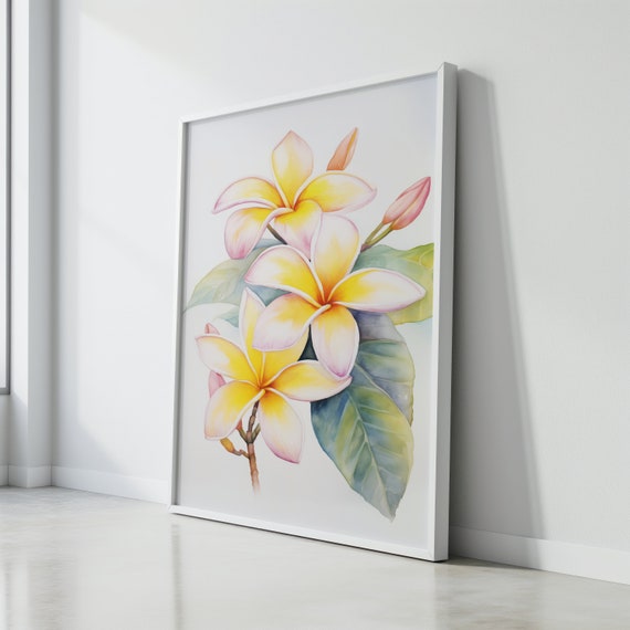 Tropical Floral Print Hawaiian Plumeria Wall Art Yellow Plumeria Watercolor For Home Decor Gifts