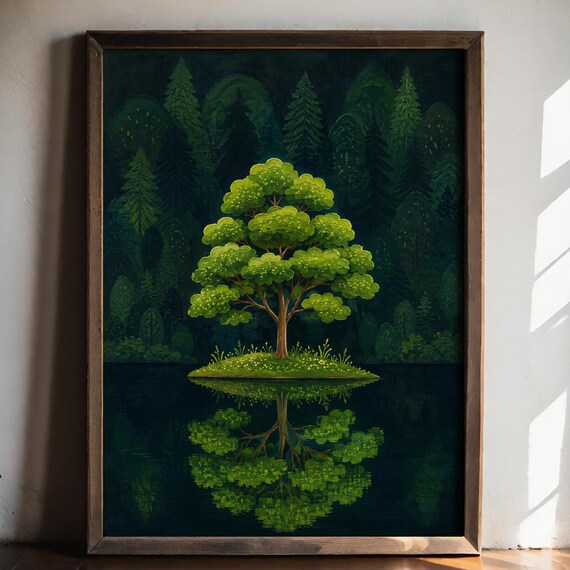 Lonely Green Tree Reflection Dark Forest Lake Moody Nature Poster