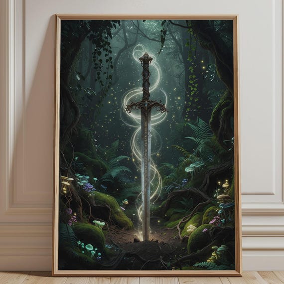 Enchanted Sword Forest Art Print Magical Woodland Wall Decor
