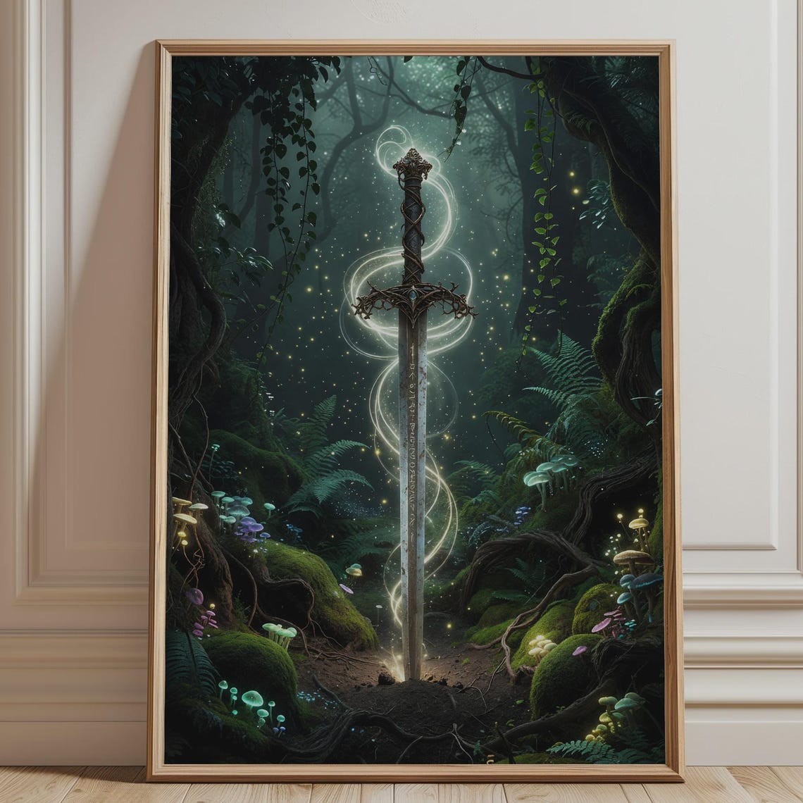 Enchanted Sword In Magical Forest Dark Fantasy Woodland Poster