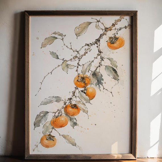 Vintage Persimmon Branch Wall Art Print Botanical Fruit Poster Watercolor Neutral Kitchen Decor