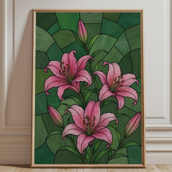 Pink Lily Faux Stained Glass Botanical Floral Garden Wall Poster