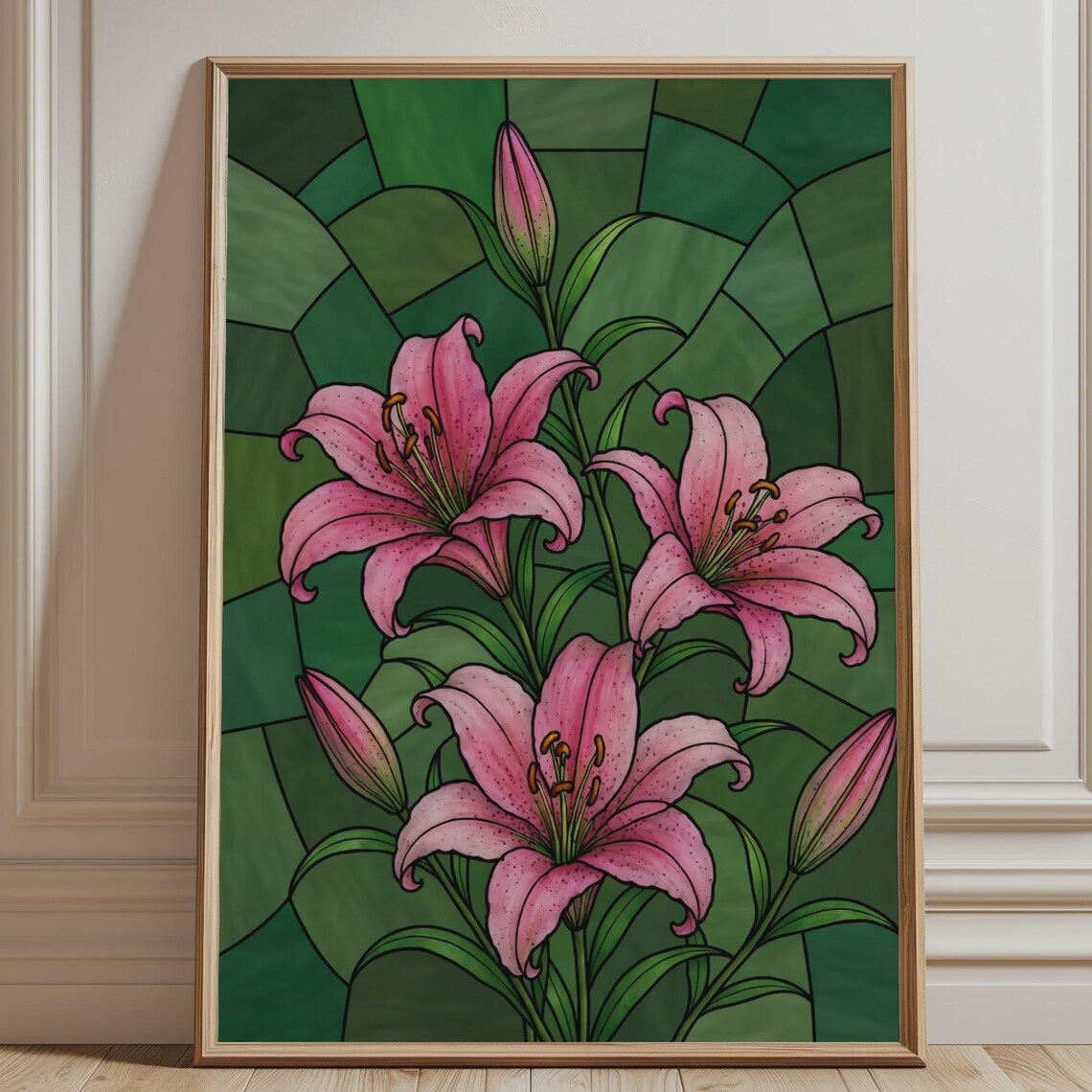 Pink Lily Faux Stained Glass Botanical Floral Garden Wall Poster
