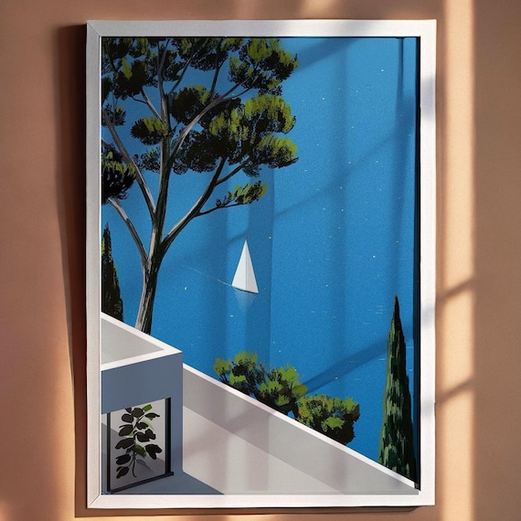 Italian Coastal Sailboat Mediterranean Blue Window View Poster