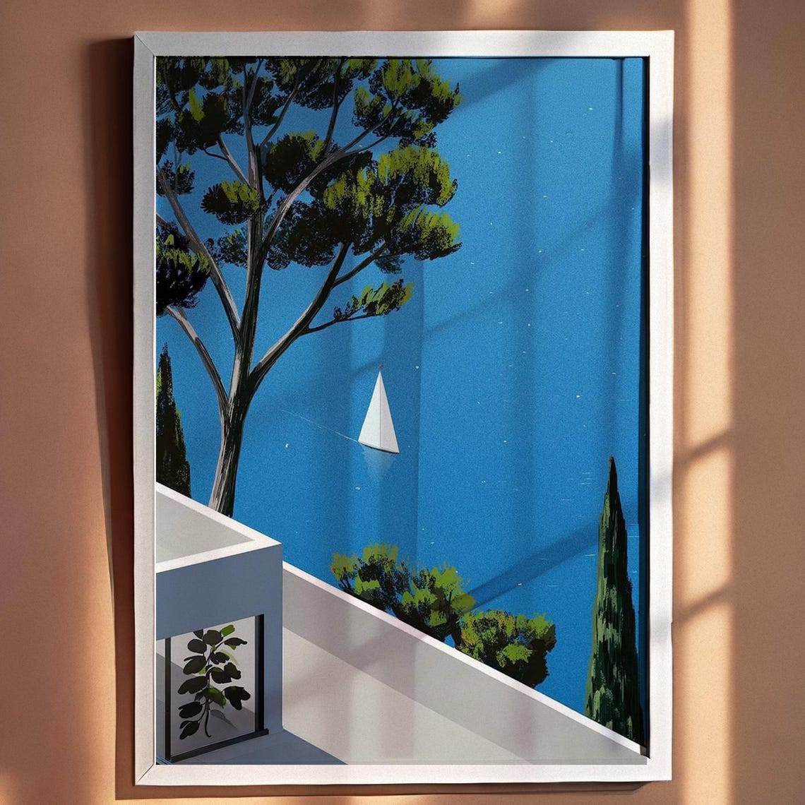 Italian Coastal Sailboat Mediterranean Blue Window View Poster