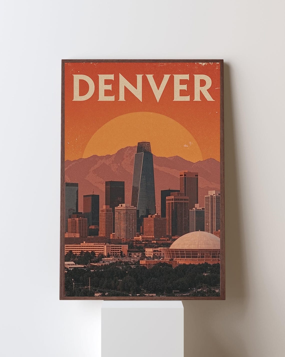 Denver Retro Sunset Skyline with Rocky Mountain Peaks View Poster