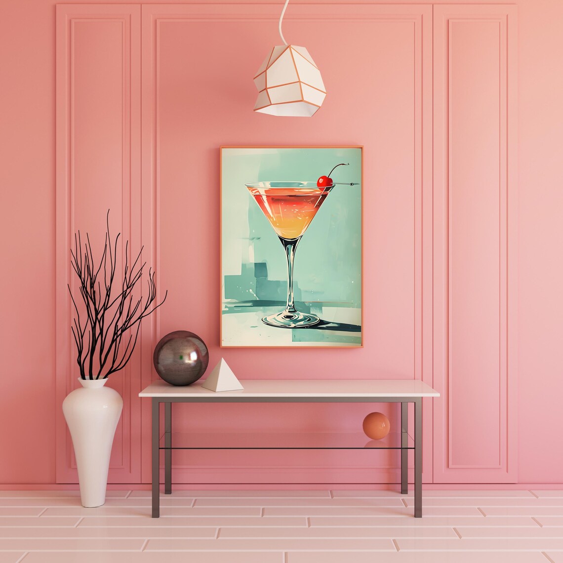 Cherry Martini Retro Cocktail Glass Aqua Background Bar Poster