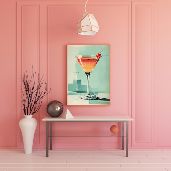 Cherry Martini Retro Cocktail Glass Aqua Background Bar Poster
