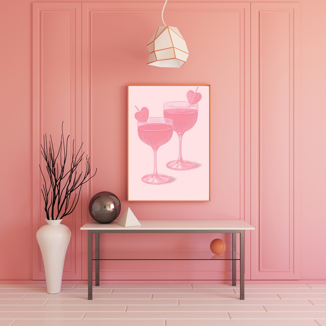 Pink Cocktail Glasses Heart Garnish Minimalist Romantic Bar Poster