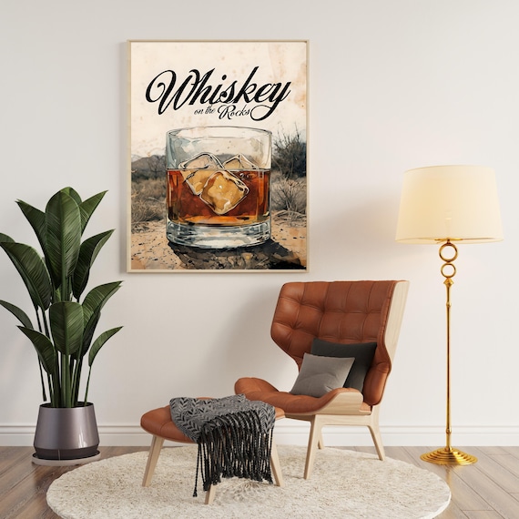 Whiskey On The Rocks Vintage Glass Watercolor Bar Kitchen Poster