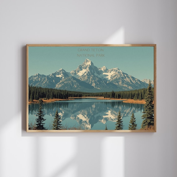 Grand Teton National Park Mirror Lake Snowy Peaks Vintage Travel Poster