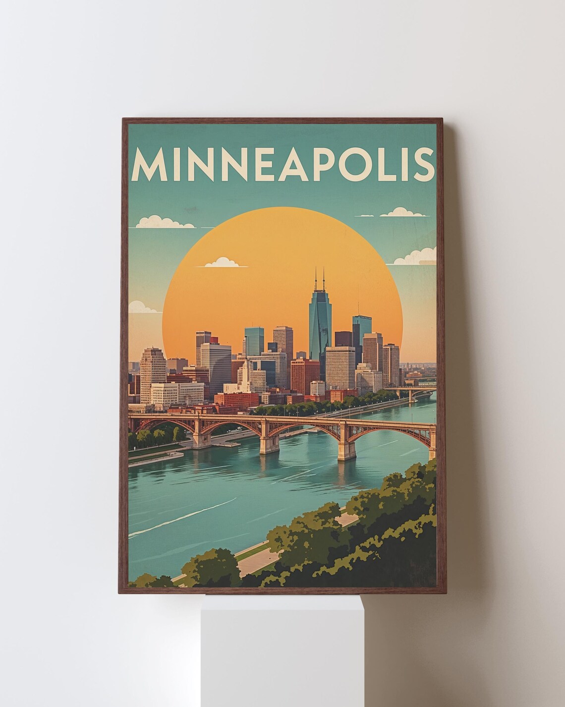 Minneapolis Retro Skyline Travel Poster, Vintage