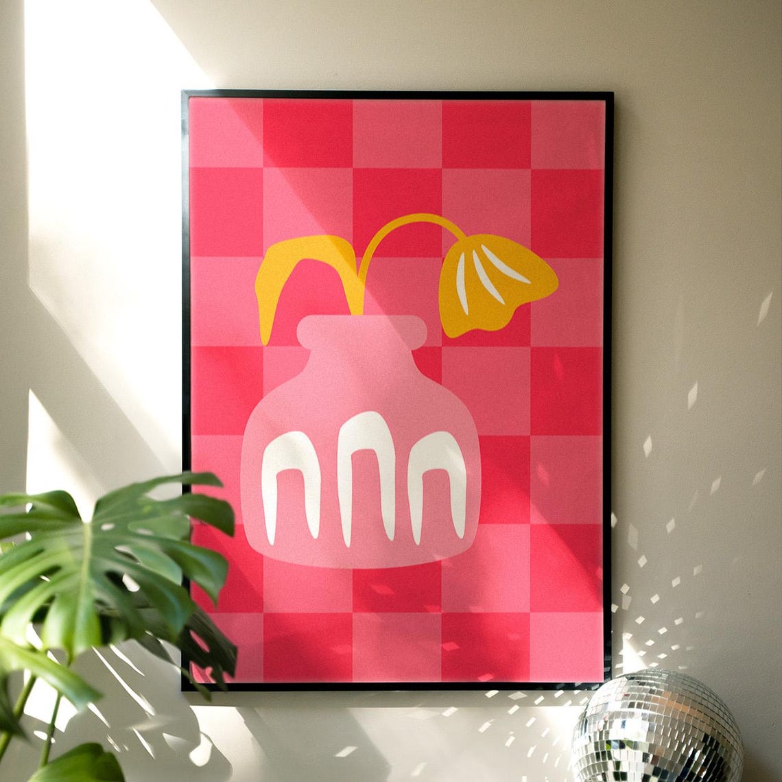Pink Vase Yellow Flowers Red Checkered Abstract Floral Poster - Image 4