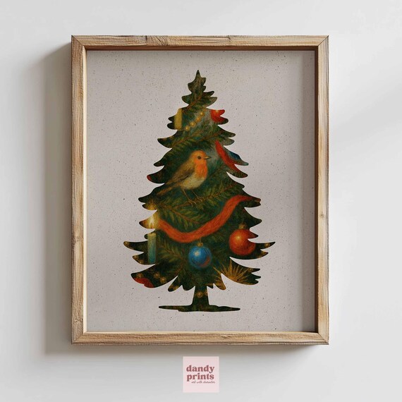 Robin Perched On Vintage Christmas Tree Folk Art Holiday Poster