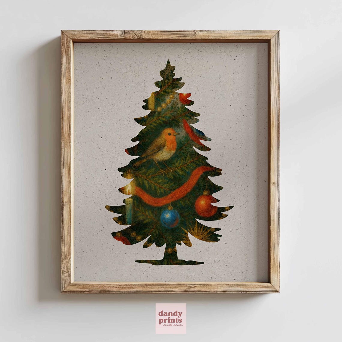 Robin Perched On Vintage Christmas Tree Folk Art Holiday Poster