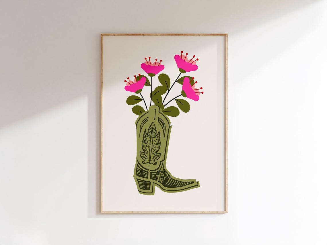 Cowboy Boot Pink Flowers Western Floral Sage Green Art Poster - Image 3