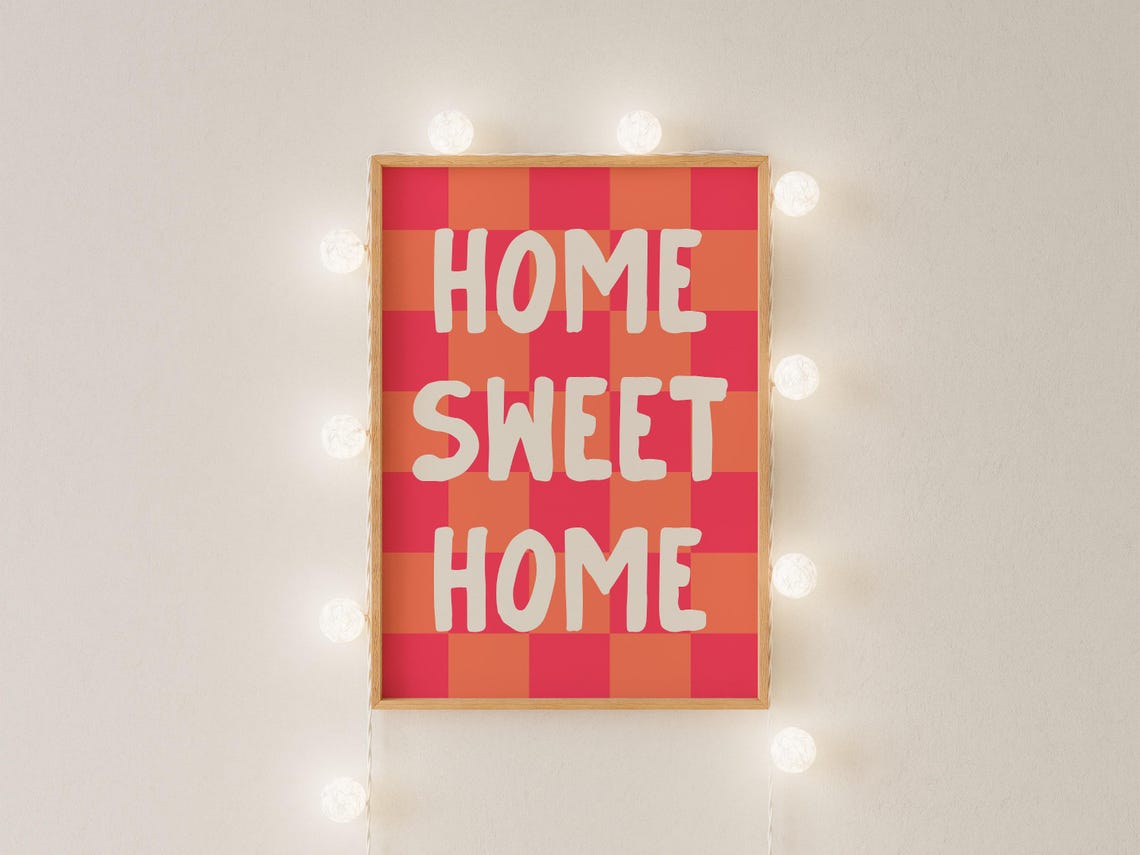Home Sweet Home Red Orange Checkered Maximalist Quote Poster - Image 3