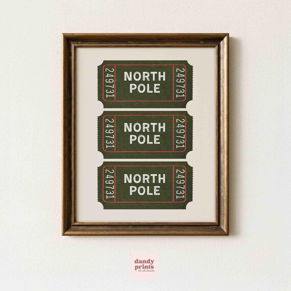 North Pole Retro Ticket Stub Green Christmas Holiday Decor Poster
