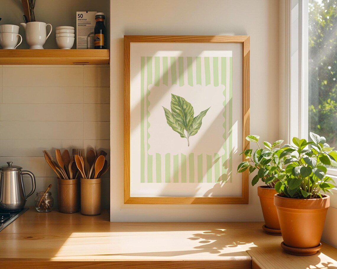 Lime Cream Stripe Botanical Kitchen Decor, Vintage Style - Image 3