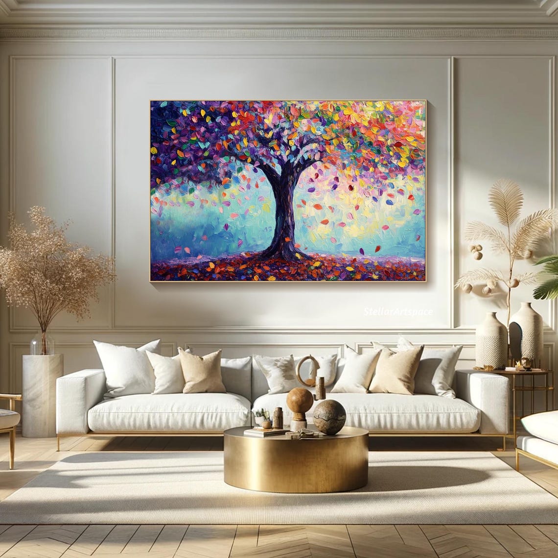 Colorful Rainbow Tree Falling Leaves Impasto Textured Art Poster - Image 5