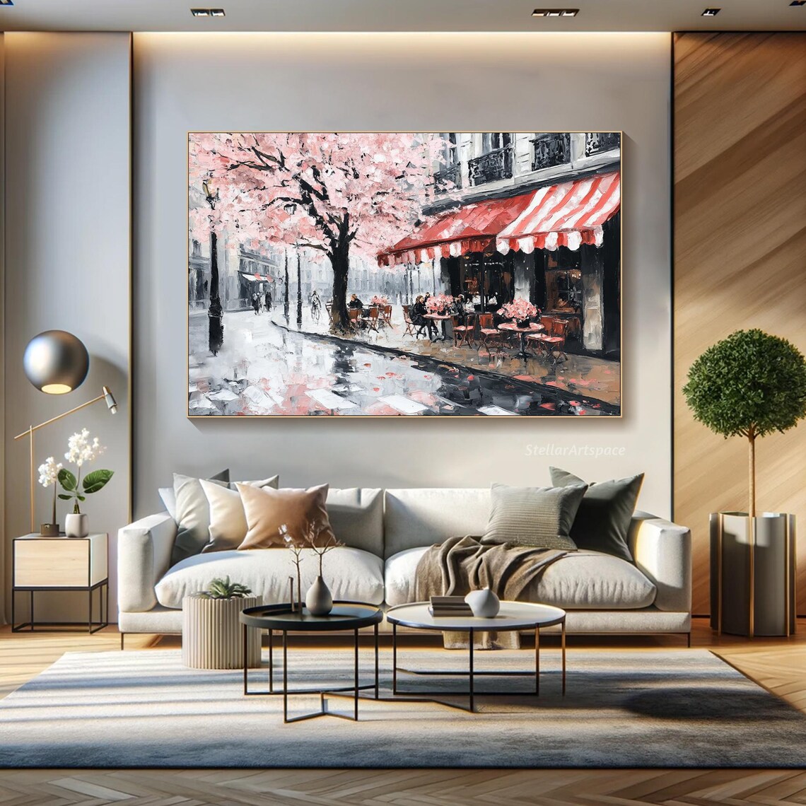 Paris Street Cafe Cherry Blossom Red Awning Rainy Day Travel Poster - Image 4