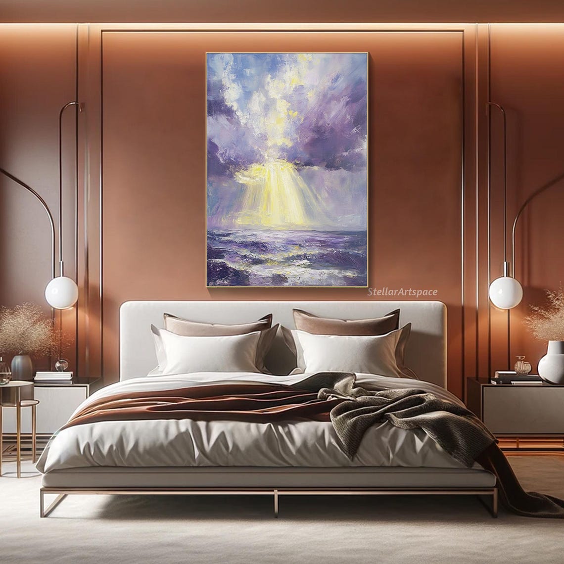 Purple Ocean Sunbeam Through Storm Clouds Textured Seascape Poster - Image 2
