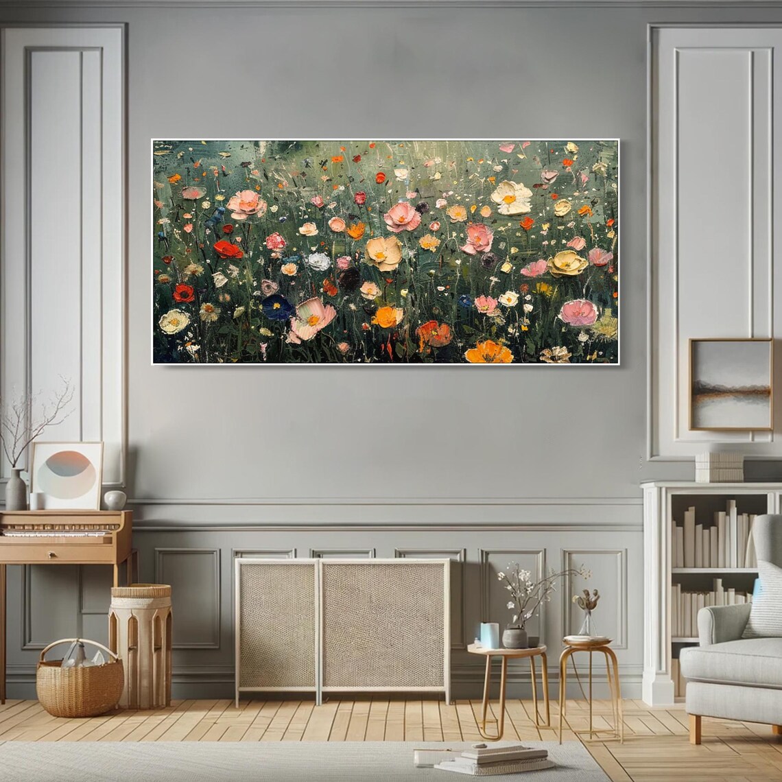 Colorful Wildflower Meadow Dark Green Textured Oil Painting Poster - Image 2