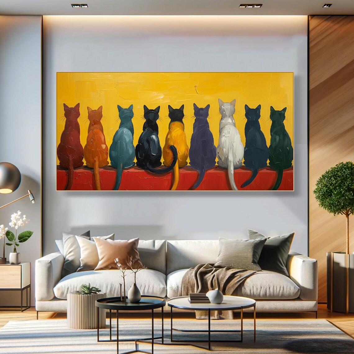 Nine Cats Sitting Row Bold Yellow Whimsical Colorful Cat Oil Poster - Image 6