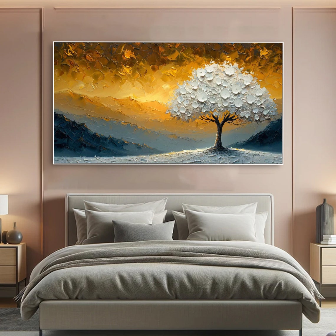 White Blossom Tree Golden Sunset Mountains Textured Art Poster - Image 5