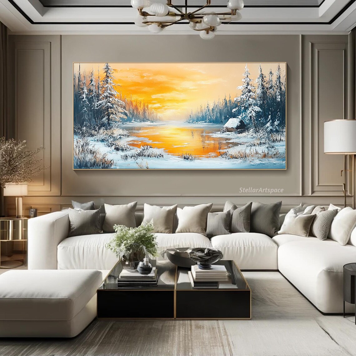 Winter Cabin Frozen Lake Sunset Snowy Pines Cozy Landscape Art Poster - Image 3