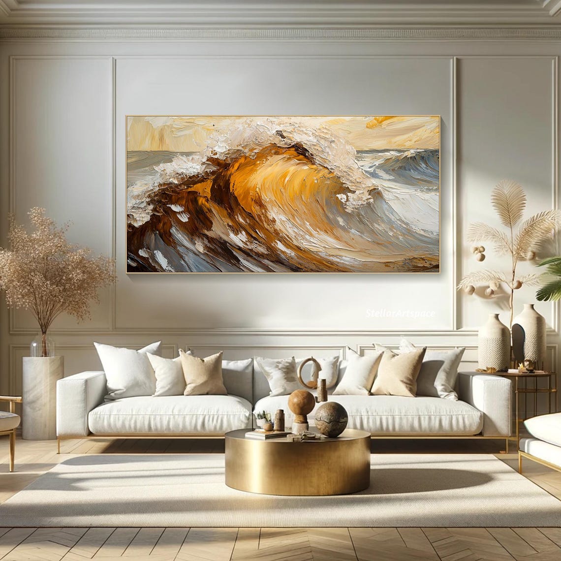 Golden Ocean Wave Barrel Amber White Heavy Impasto Seascape Art Poster - Image 5