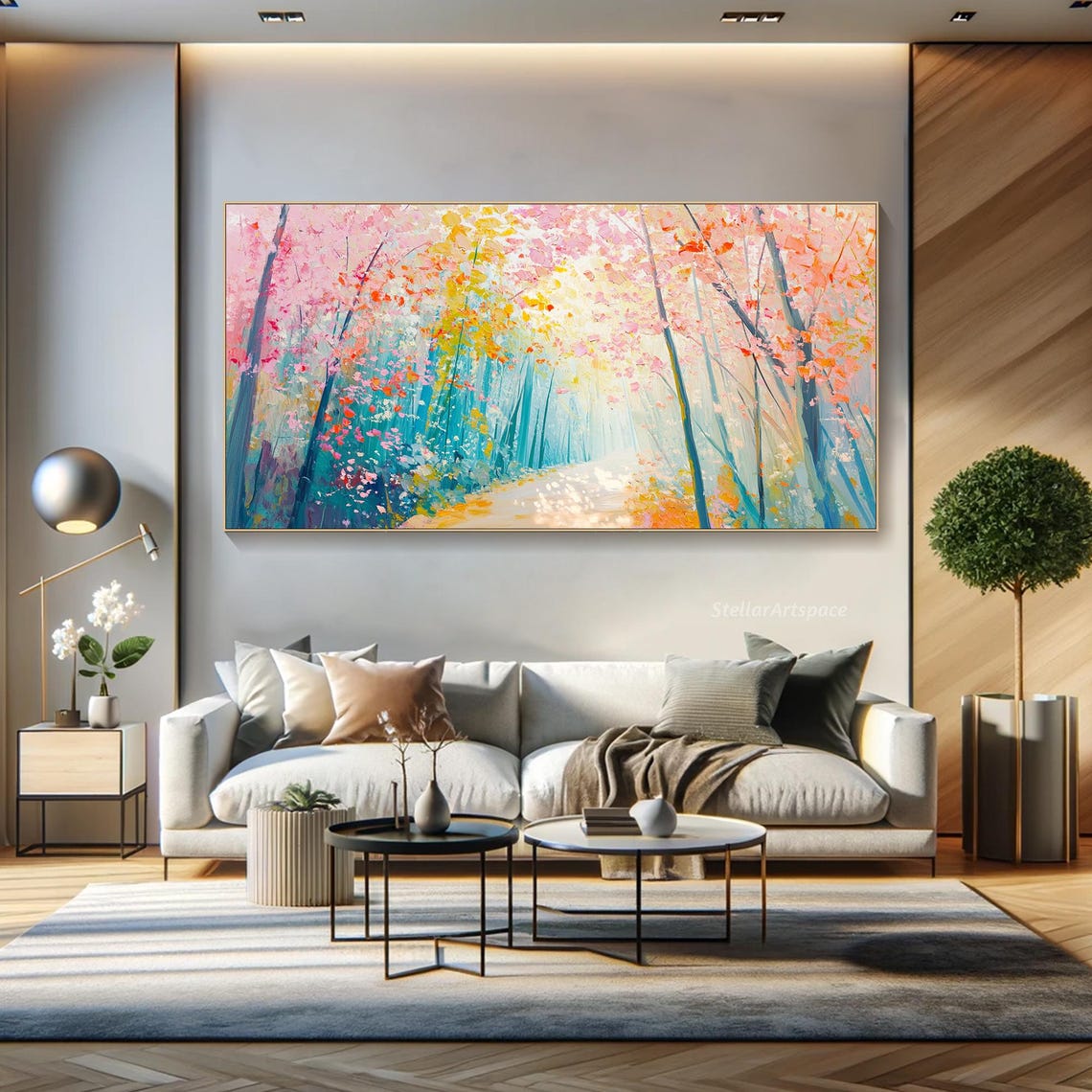Spring Forest Path Pink Blossoms Teal Trees Light Trail Wall Art - Image 3
