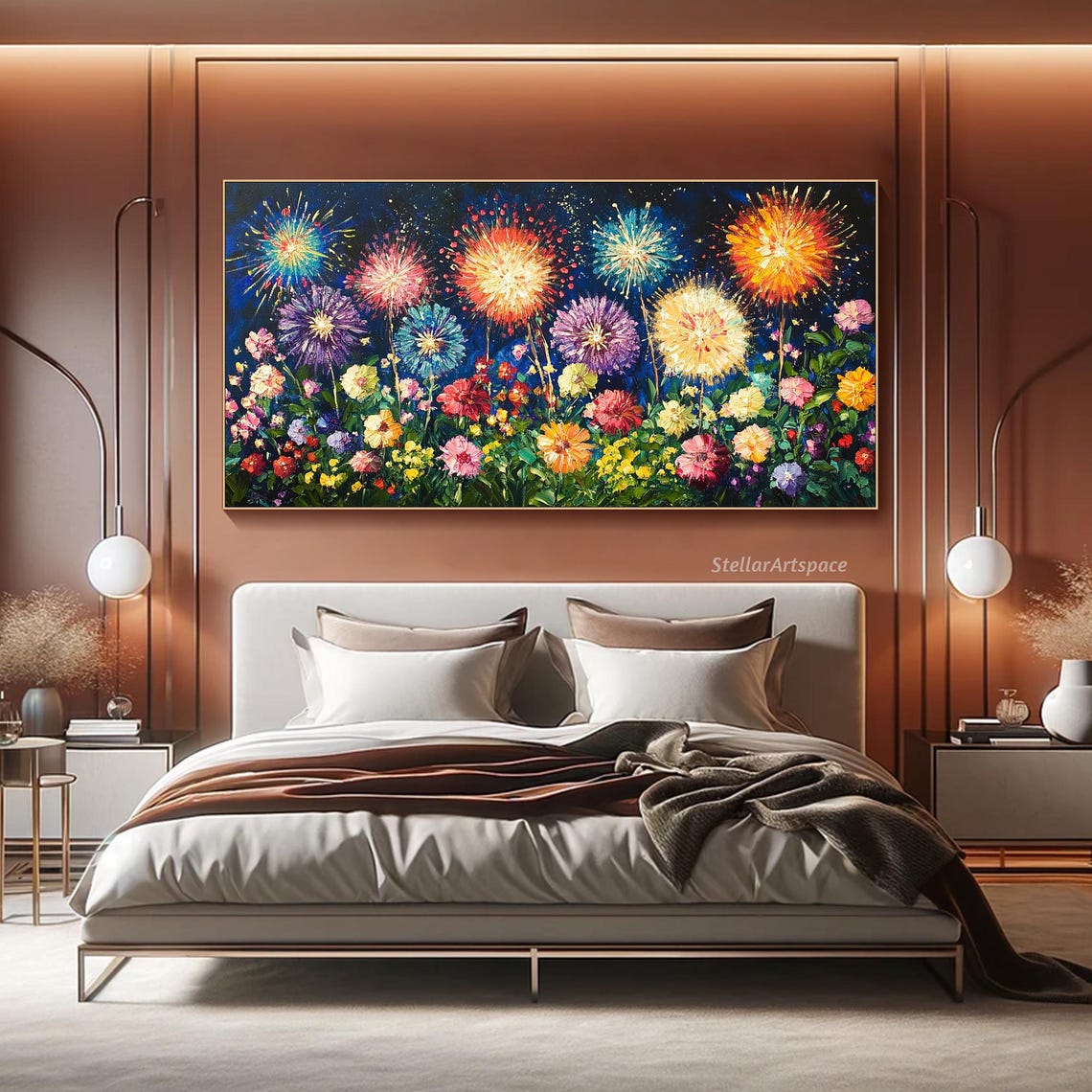 Fireworks Over Colorful Flower Field Night Sky Celebration Poster - Image 5
