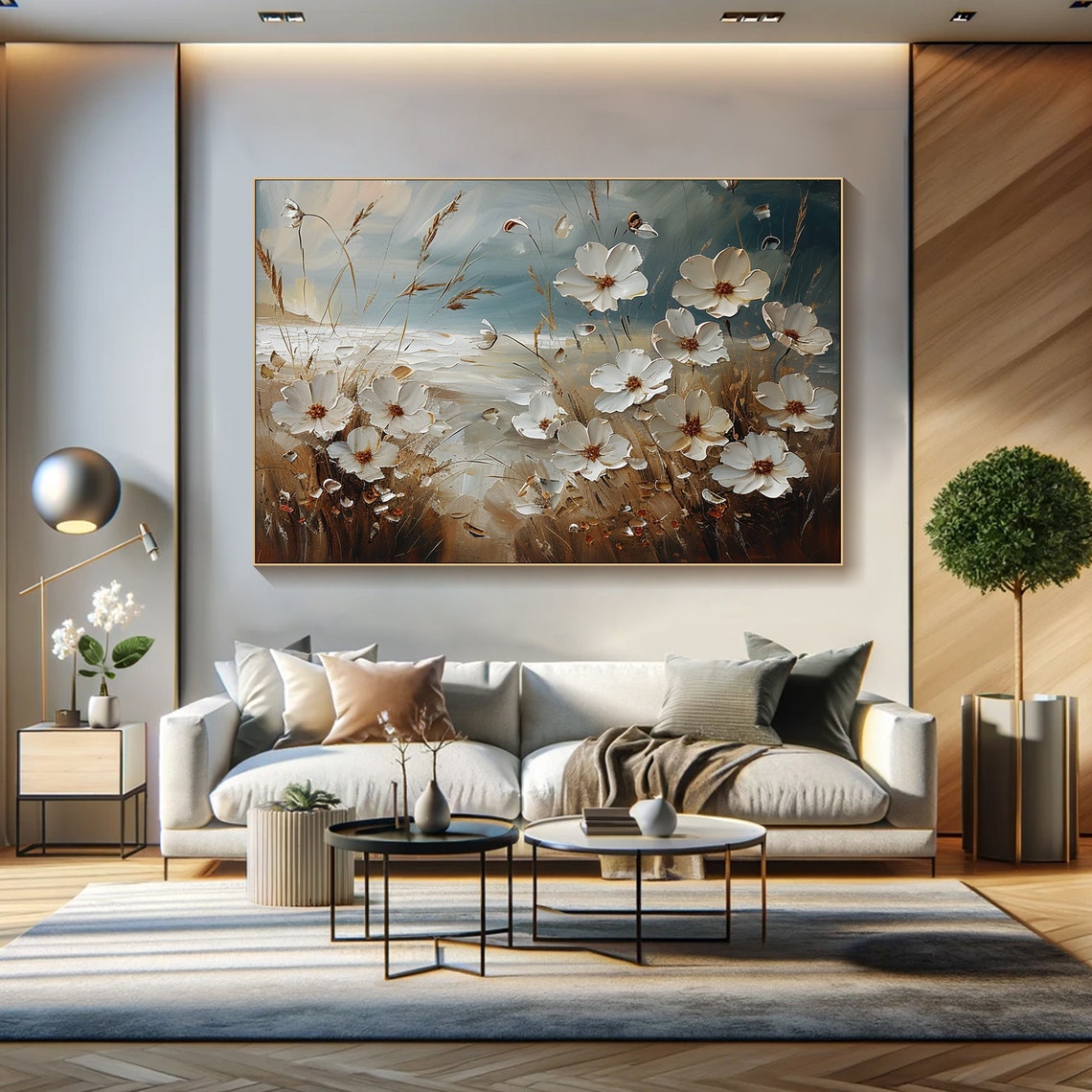 White Wildflowers Golden Field Windswept Grass Elegant Floral Poster - Image 5