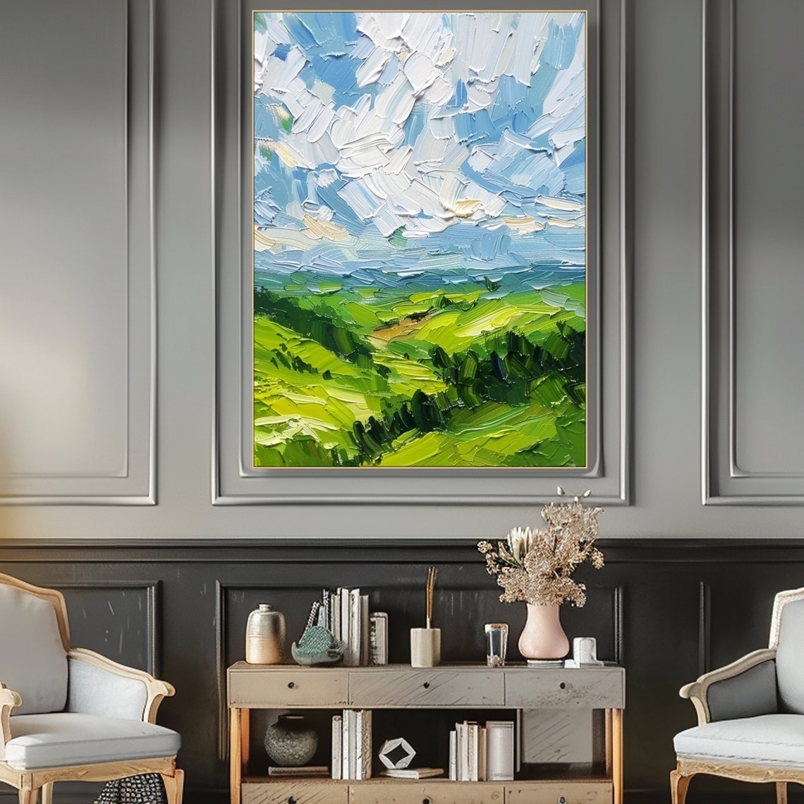 Rolling Green Hills Bright Textured Sky Sunny Impasto Landscape Poster - Image 6