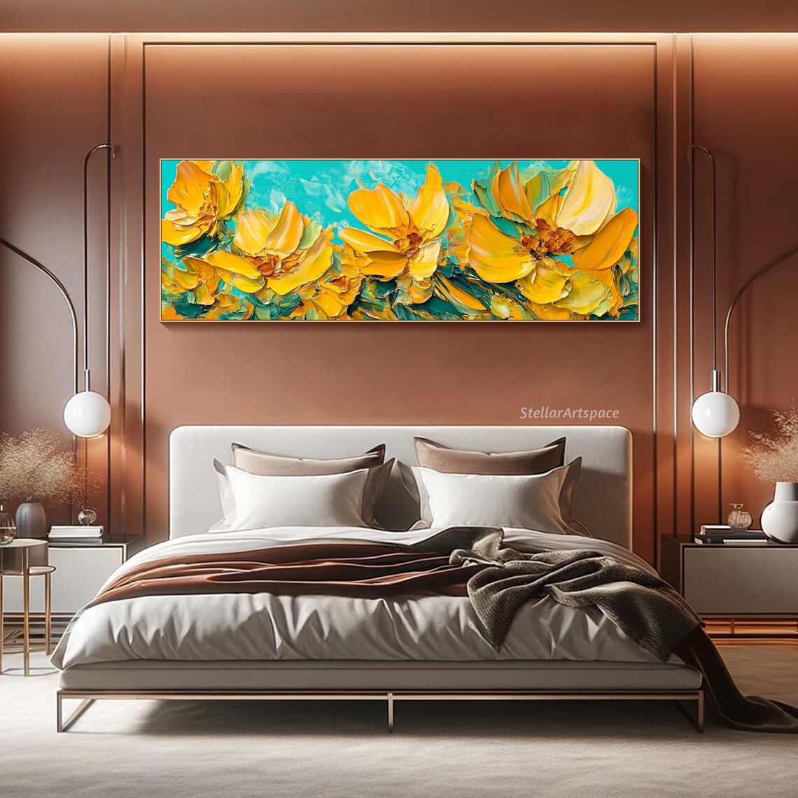 Bright Yellow Blossom Field Turquoise Sky Impasto Floral Art Poster - Image 2
