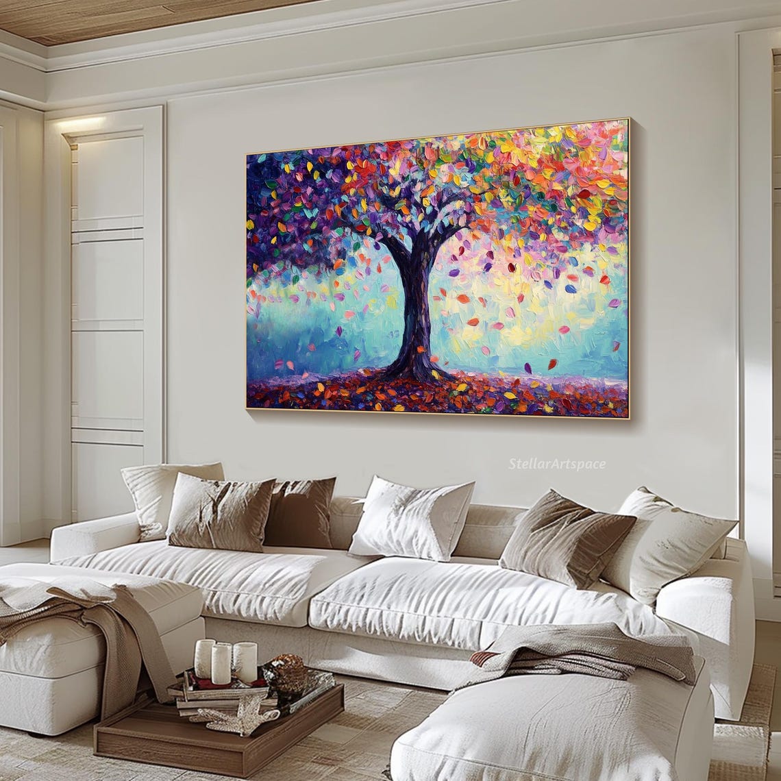 Colorful Rainbow Tree Falling Leaves Impasto Textured Art Poster - Image 6