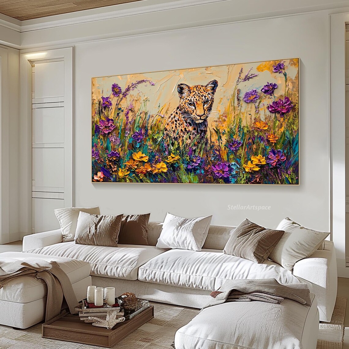 Leopard In Wildflower Meadow Colorful Wildlife Big Cat Painting Art Poster - Image 6