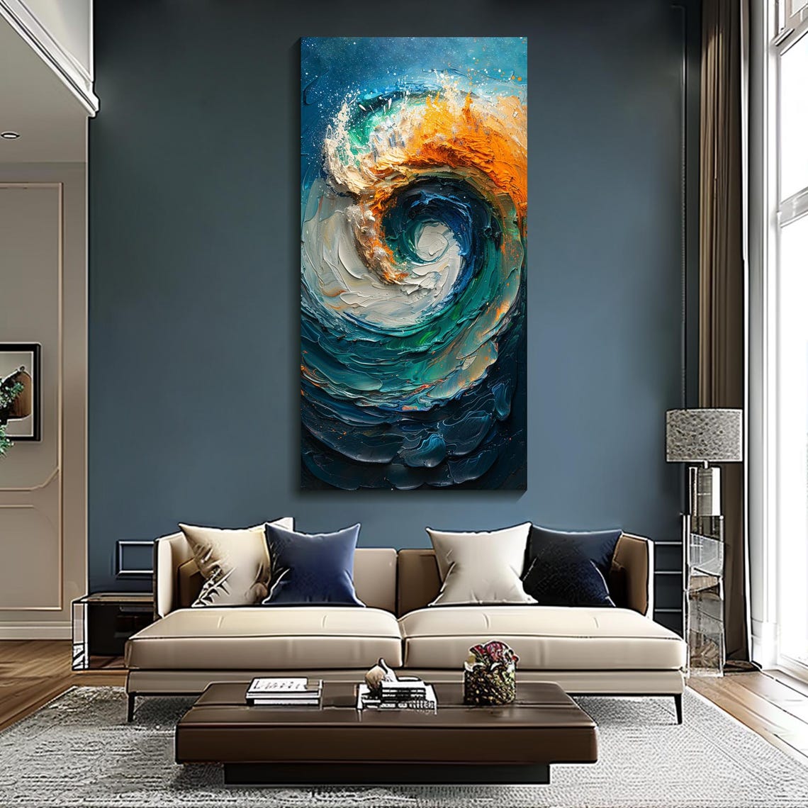 Swirling Teal Ocean Wave Abstract Textured Impasto Vertical Poster - Image 5