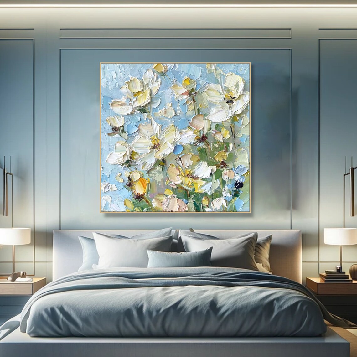 White Blossom Pastel Blue Floral Impasto Oil Painting Soft Poster - Image 6