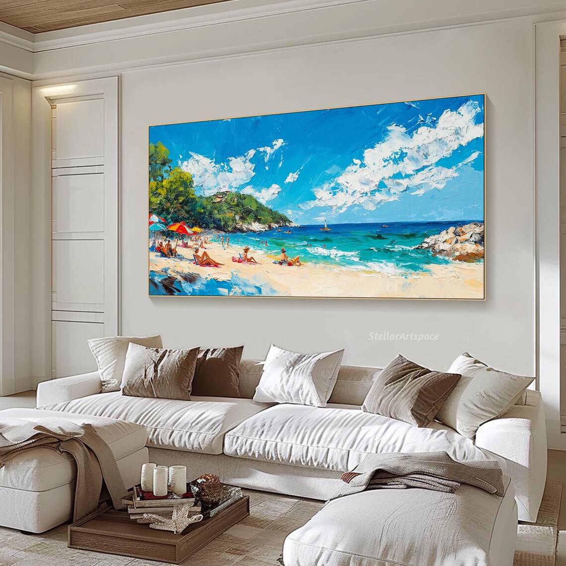 Sunny Beach Day Swimmers Sailboat Turquoise Bay Impasto Poster - Image 6