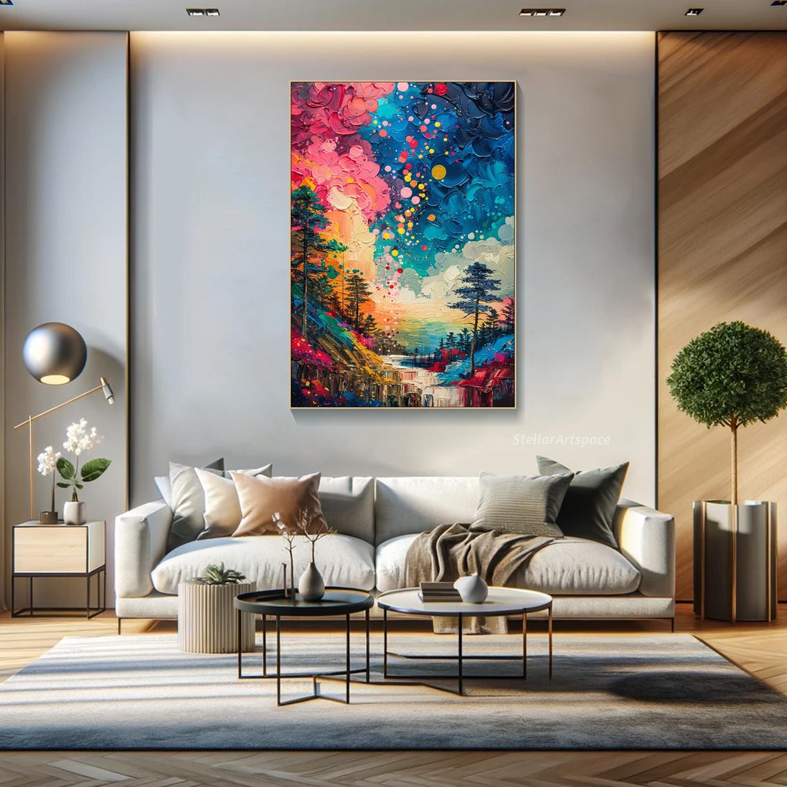 Starry Night Forest Waterfall Colorful Dots Sky Impasto Art Print - Image 6